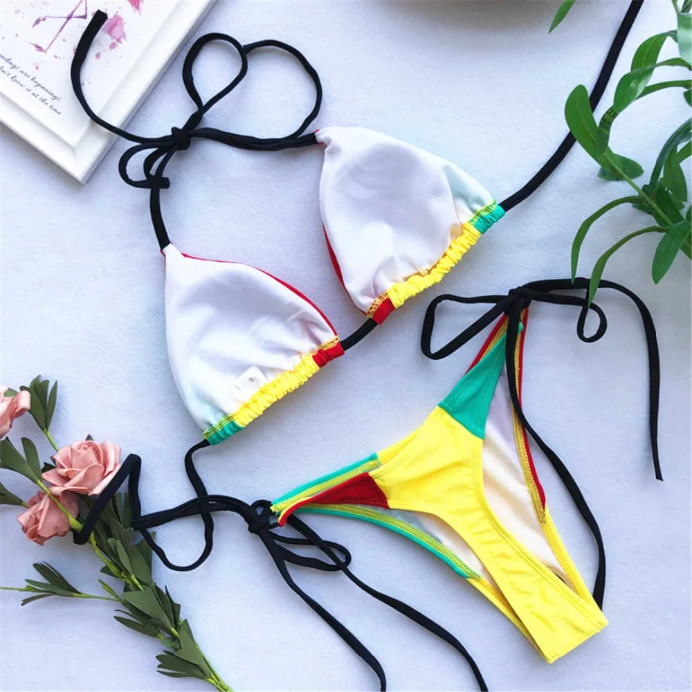 Сексуальный контрастный цвет Бразильский бикини женский купальник женский купальник из двух частей бикини набор Холтер купальный костюм V1148
