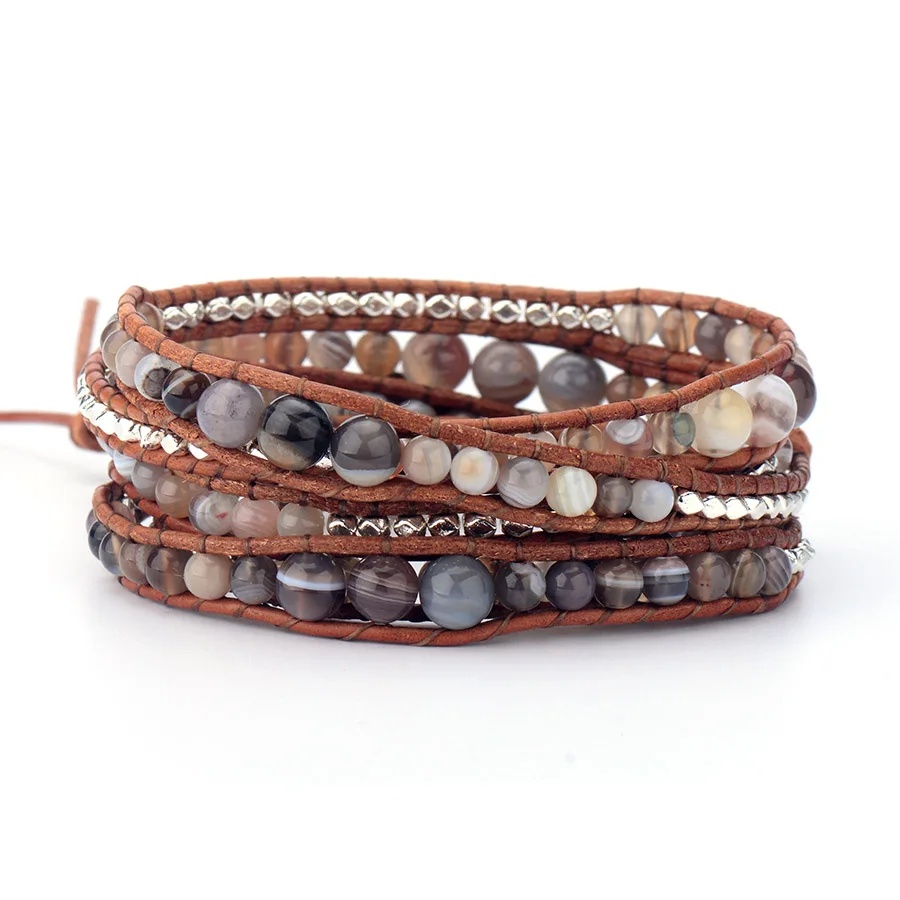 

Bracelet for Women Botswana Onyx Silver Color Beads Leather Wrap Bracelet Healing Balance Chakra Couples Bracelets