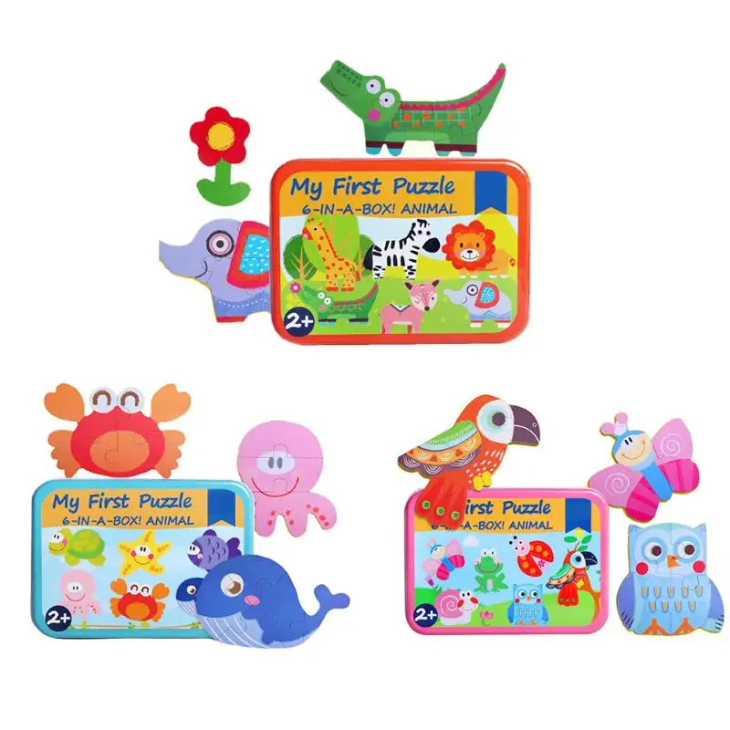 6 in 1 Wooden Cartoon Puzzle Board Brain Teaser Jigsaw Puzzle Baby Toys Brain Teaser Children Tangram Shapes Jigsaw Board