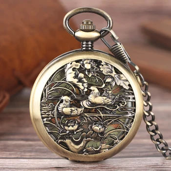 

Hollow Mandarin Duck Pocket Watch Carving Lotus Automatic Mechanical Transparent Skeleton Clock Women Retro Steampunk Watches