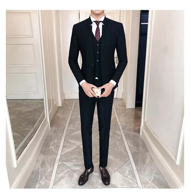 Мандарин воротник костюм для мужчин Slim Fit одноцветное Цвет Китайский стенд Colllar дизайн для Mariage деловой смокинг жених Мужской комплект