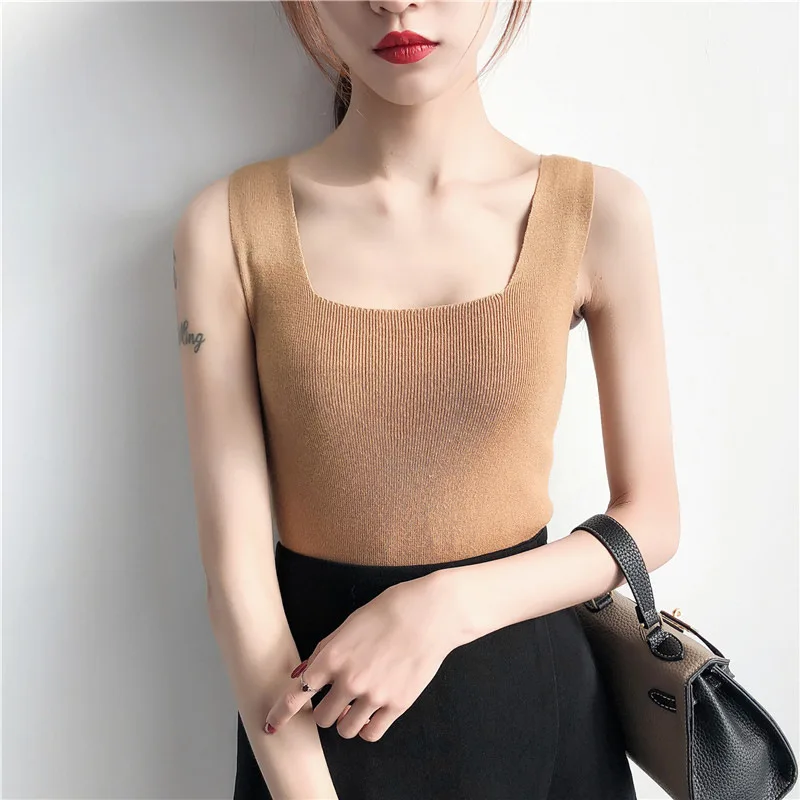 

New Summer Women Korean Sexy Top Vest Strap Sleeveless Pure Color Horizontal Neck Knitted Casual Tank Top
