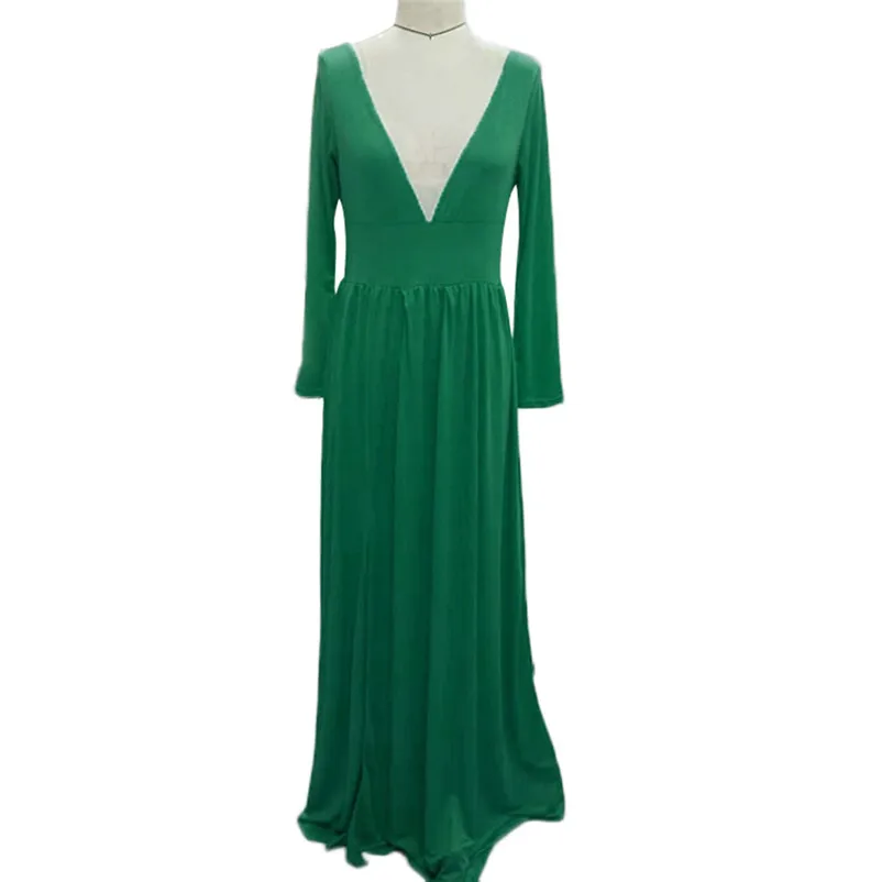 Women's Long Sleeve Sexy V Neck Soild Sling Everying Party Long Dress Casual elegant High Quality dress New Arrival N16#N (3)