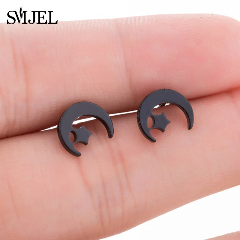 

SMJEL Black Earrings Moon Stainless Steel Moon Star Stud Earrings for Women Fashion Earings Jewelry for Girls Bijoux femme