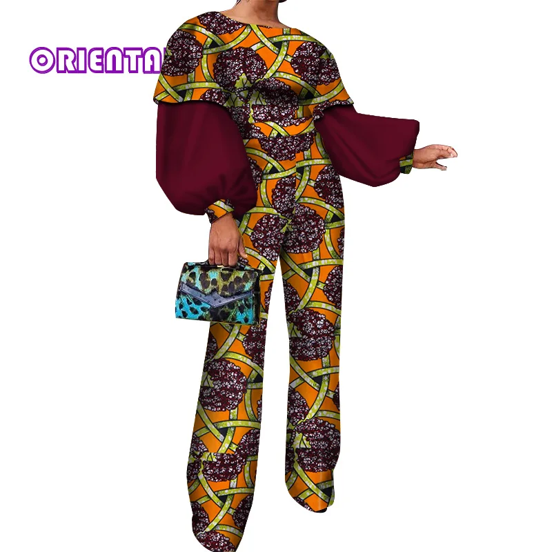 Классический комбинезон африканская одежда для женщин Африканский воск печати с пышными рукавами Комбинезоны леди Базен Riche хлопок комбинезон брюки WY3856 - Color: 2