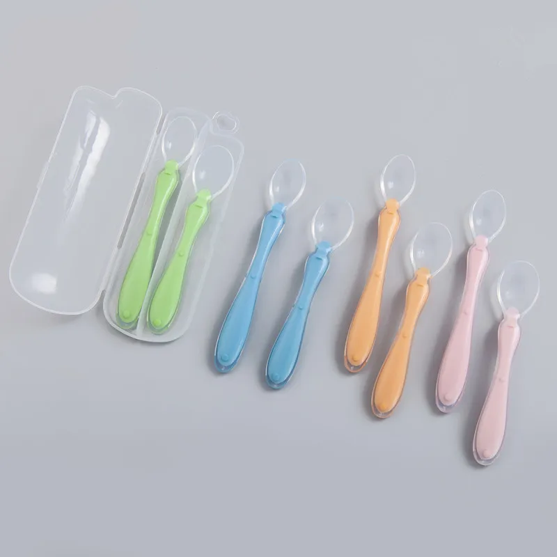 2pcs+box Baby Silicone Spoon Baby Safety Temperature Heat Sensing Thermal Feeding Spoon Kids Children Feeding Dishes Set
