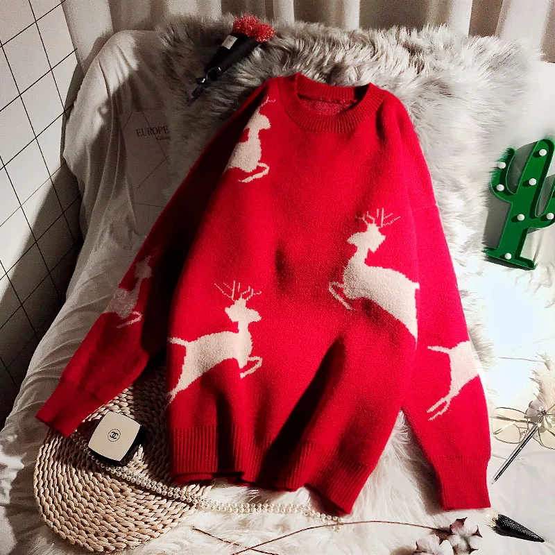 

Autumn Winter Women Sweater And Pullover Red Long Sleeve Casual New Year's Sweater With Deers Print Knitted Jumper Female Jacket