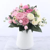 30cm Rose Pink Silk Peony Artificial Flowers Bouquet 5 Big Head and 4 Bud Cheap Fake Flowers for Home Wedding Decoration indoor 2