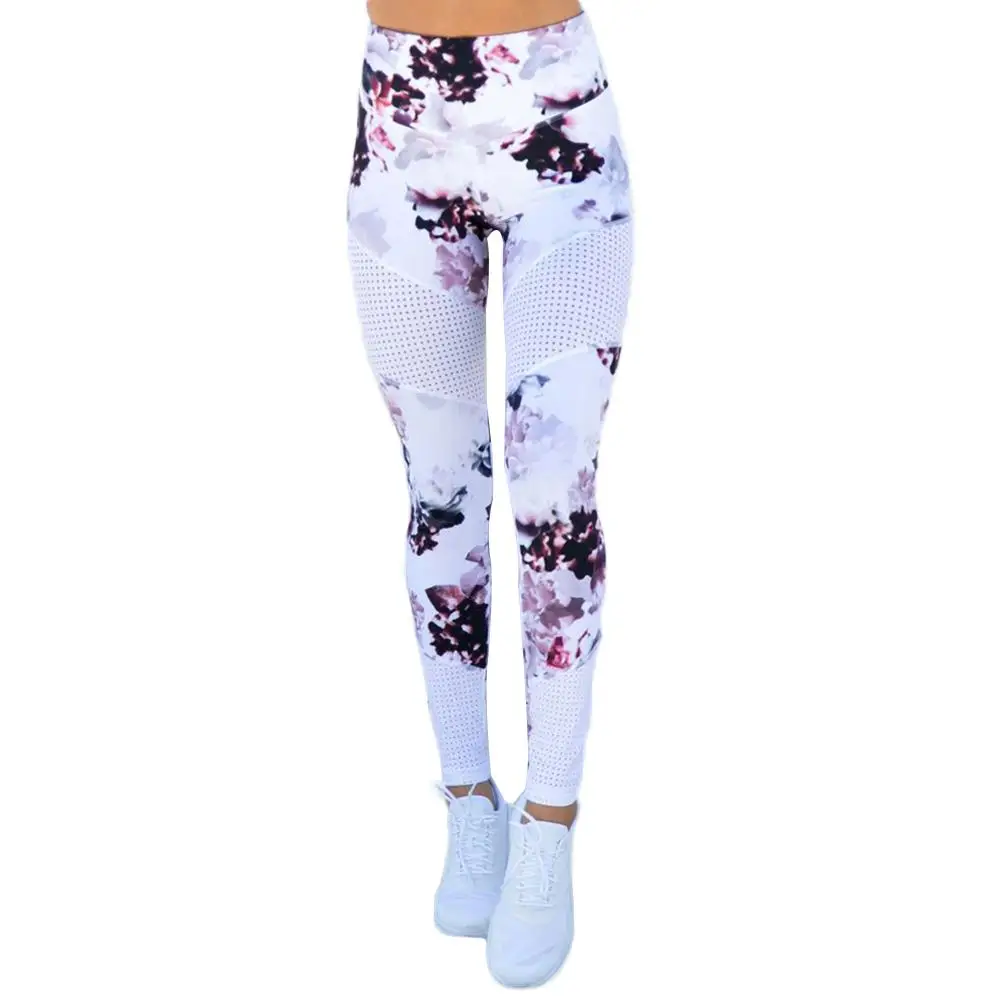 

Women's Plant Print Mesh Piecing Control Workout Yoga Pants Fitness Tight-Fitting Hip Lifting Figure Flattering Sports Leggings