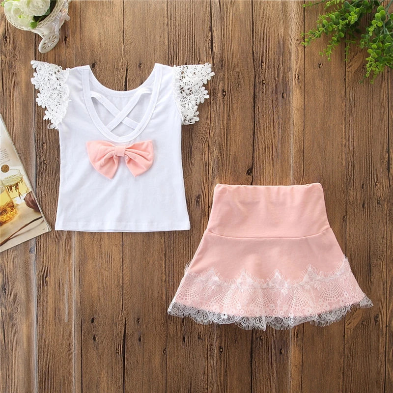 

2019 Spring New Girls Suit Female Baby Sleeveless Thin Bow White Shirt + Lace Side Skirt Fashion Two-Piece Sets