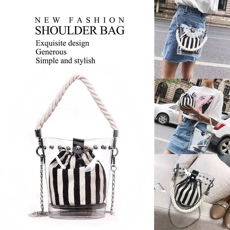 

Black New Fashion PVC Chain Diagonal Bag Fashion Transparent Hit color Stripe Rivet Hemp Single shoulder Diagonal Child bag