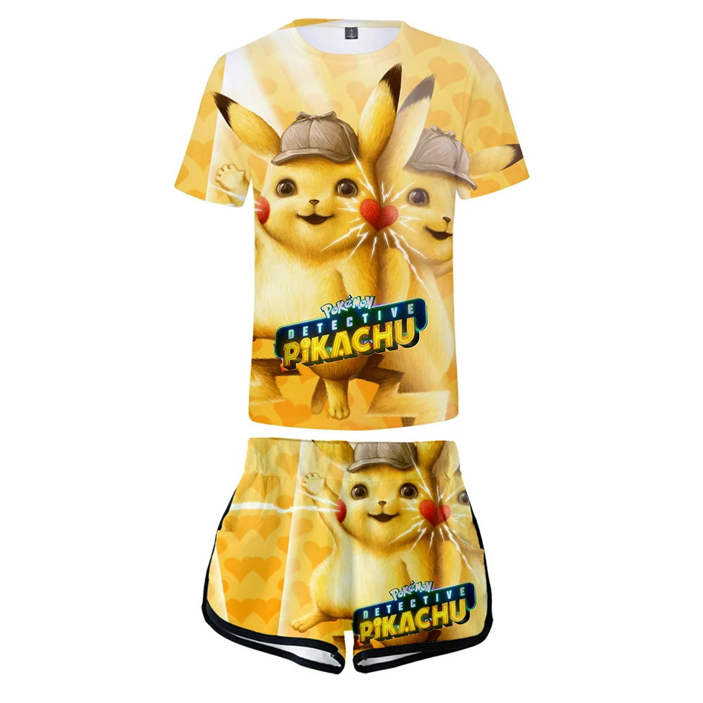 Pokemon two piece set Women Pikachu t shirt New 3D design Oversize Navel short sleeve and Short Pokemon Pants Summer Set