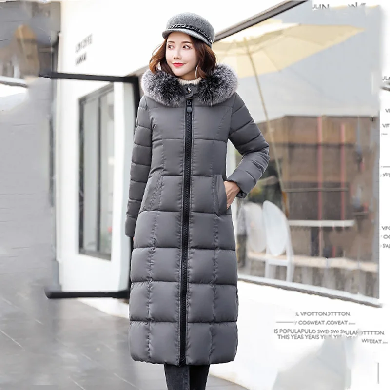 Высококачественная женская зимняя куртка с капюшоном и мехом, женские куртки, длинное теплое женское пальто с хлопковой подкладкой, длинное пальто, парка - Цвет: Серый