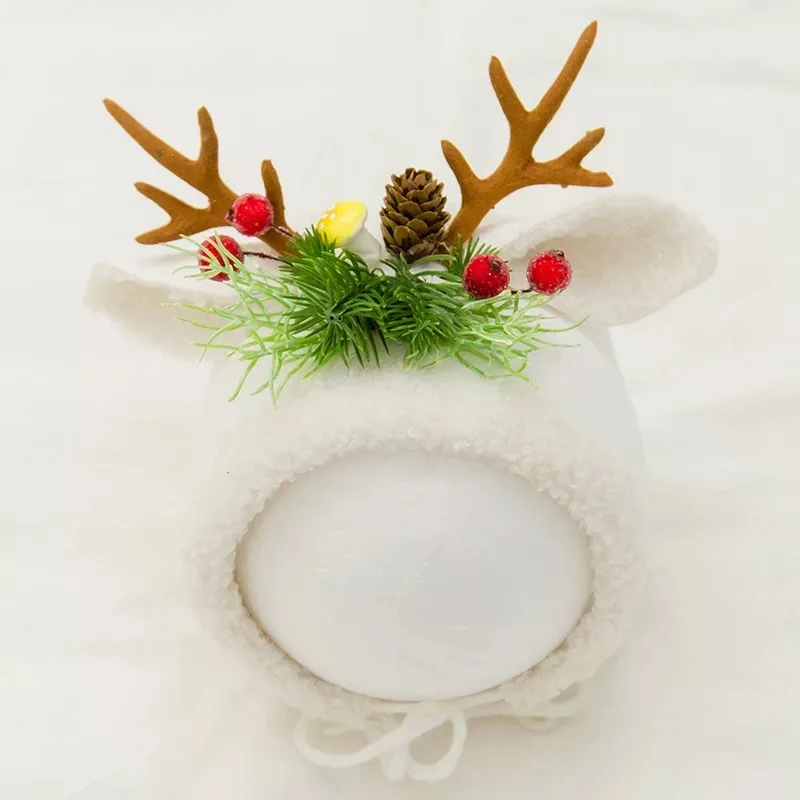 Шапка для фотосъемки новорожденных; реквизит для детской фотосессии на день рождения и Рождество; Рождественская шапка с изображением лося и цветов; Кепка для фотосессии новорожденных; bebe foto - Цвет: white elk hat