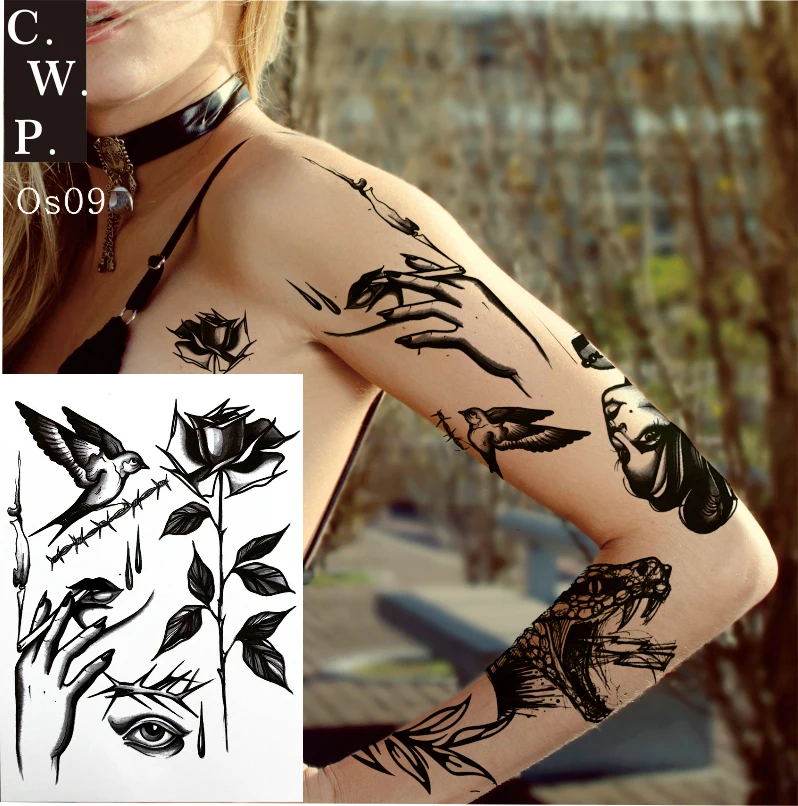 Us 149 Os09 1 Piece Black Vintage Rose Temporary Tattoo Black Flower Traditional Tattoos Floral Tattoo Old School In Temporary Tattoos From