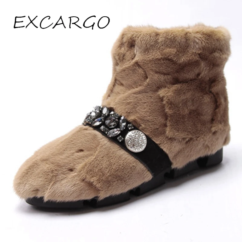 

EXCARGO Mink Fur Snow Boots Woman Rhinestone 2018 Winter Female Luxury Warm Shoes Flats Soft Ankle Short Boots Woman Waterproof