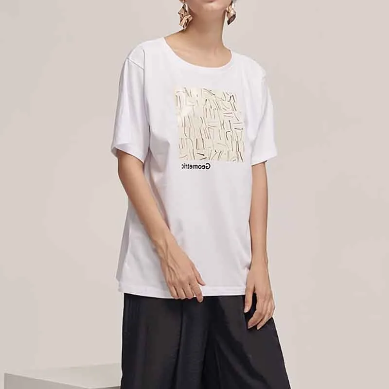 

[YaLee] New Fashion 2019 Summer Simple Letter Geometric Abstract Printed O-neck Short Sleeve Large Size T-shirt Women A015