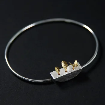 

Acecare Original Literature and Art Simple Flower Groove Plants and Butterfly Silver Open Bracelet Women's Silver Wholesale Leaf