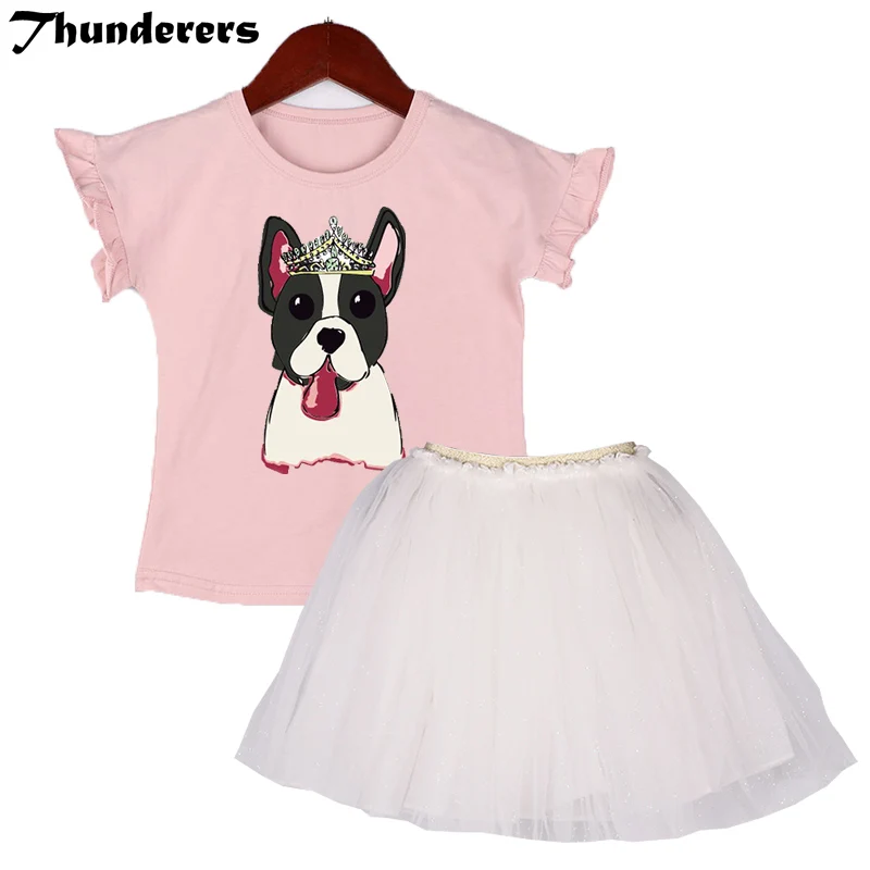

Children Girls Clothes Set Dog Printing Tshirt and Bib Pants or Lace Dress Casual Cute Combination Kids Clothing Set 3-7Y