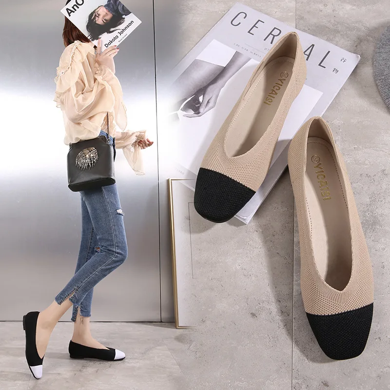 

spring mixed color knitting flats soft soled single shoes women square toe shallow slip on moccasins breathable loafers 2019 hot