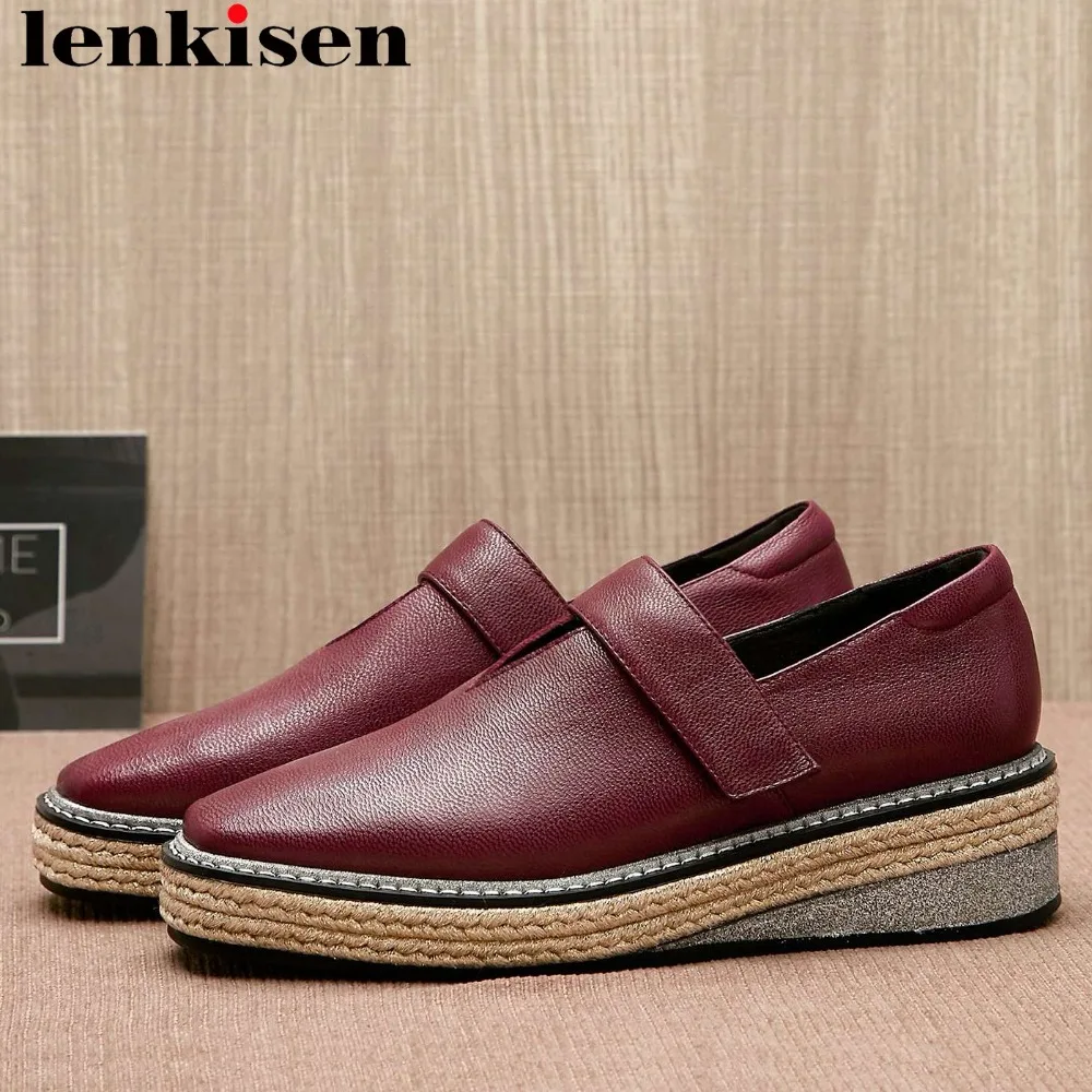 

Lenkisen popular hook&loop sheep leather straw decoration platform med bottom cow leather square toe Spring dating shoes L26