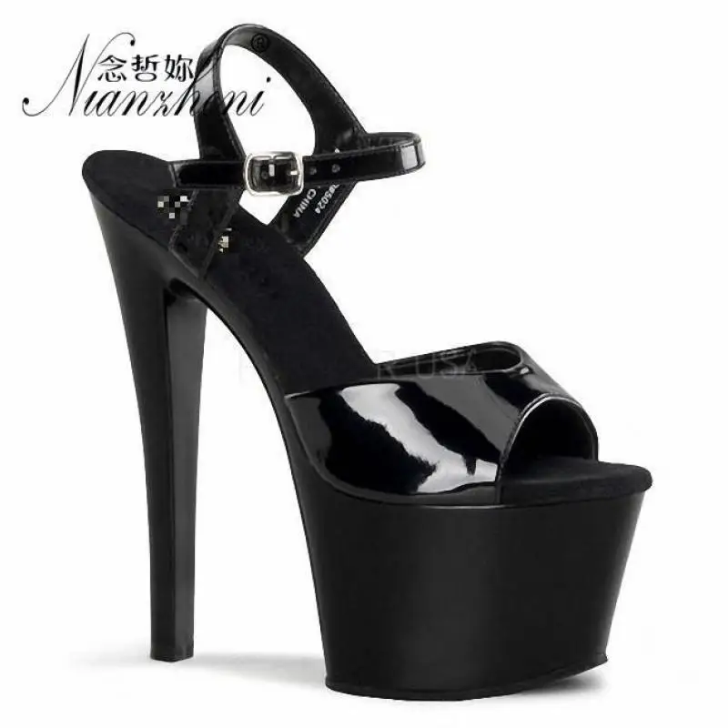 17cm Womens Classic Platform Pole Dancing Sandals Model Wedding Party Model Gladiator Shoes Black 7 Inch Sexy Evening High Heels