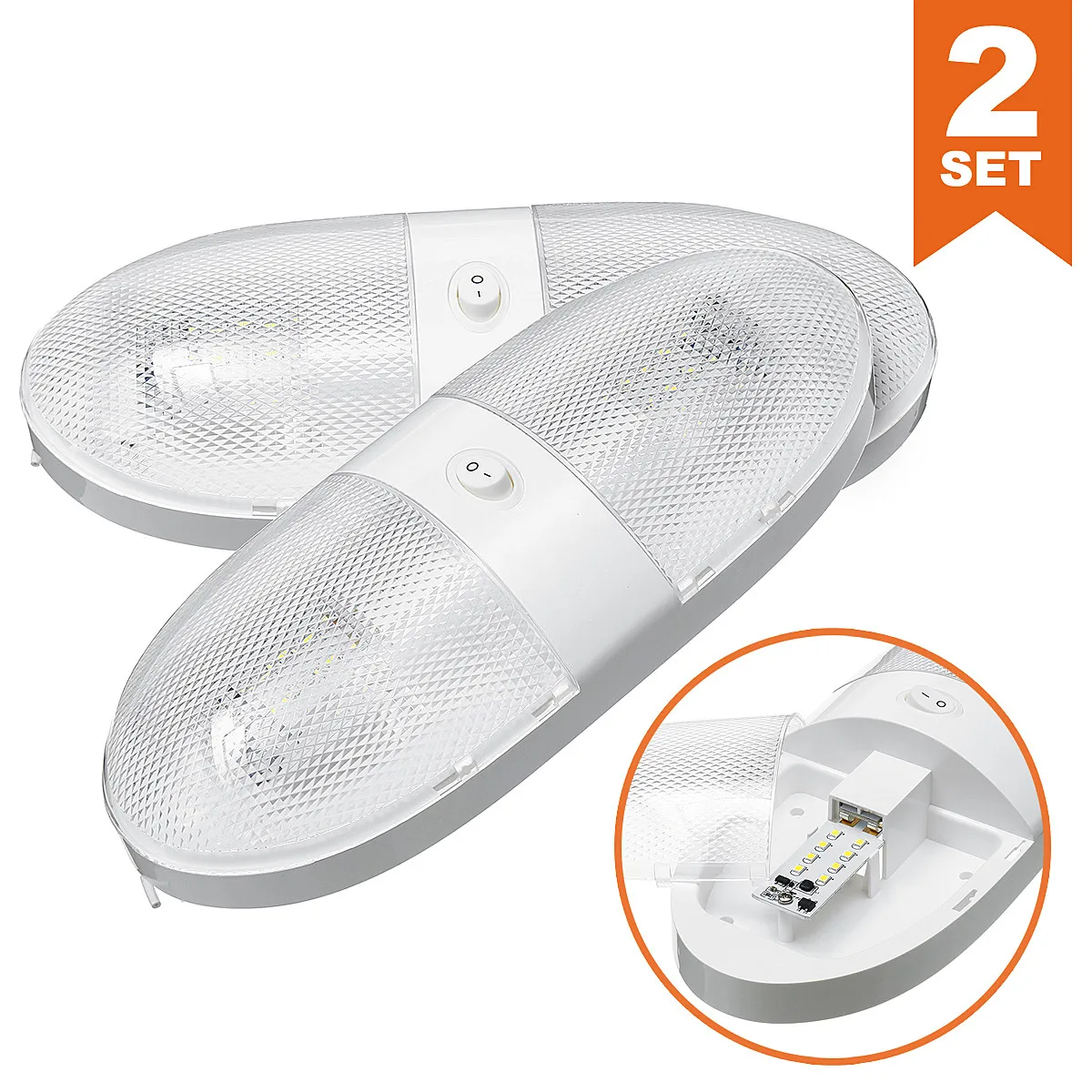 

2 x 12V RV LED Fixture Ceiling Boat Cam per Trailer Marine Double Dome Light Lamp