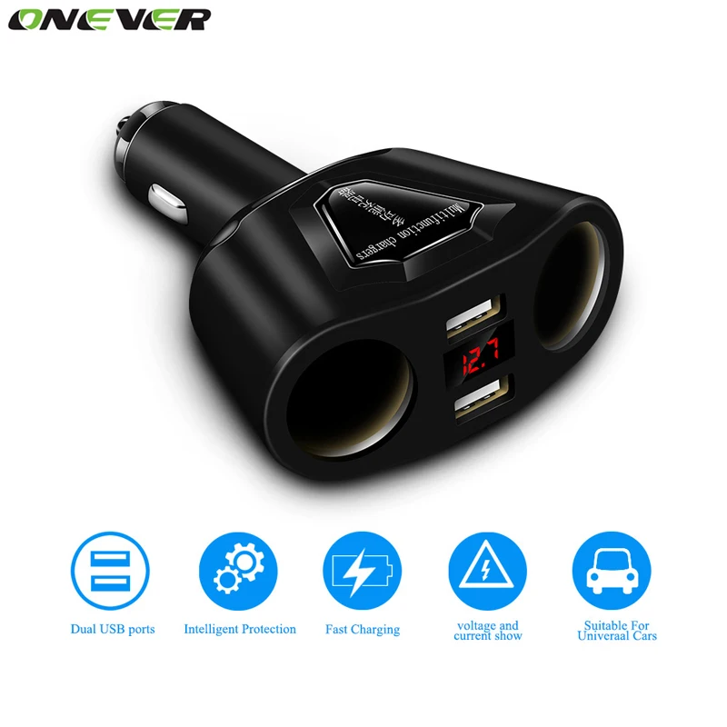 

Onever 3.1A Dual USB Car Charger with 2 Cigarette Lighter Sockets 120W Power Support Display Current Volmeter for iPhone Samsung