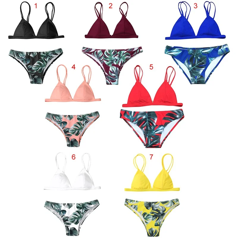 

Bikini Bra Sets Swimwear Women Set Print Leaves Push-Up Padded Low Waist Lady Wire Free Bra Brief Set