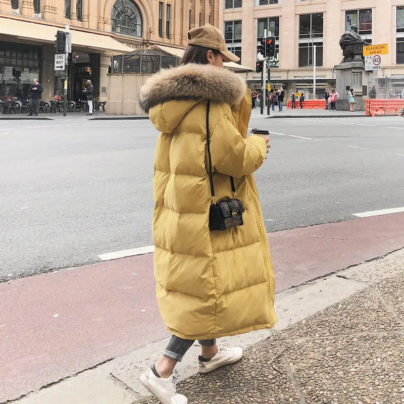 

Long Winter Down Cotton Jacket Women Loose Large Fur Collar Hooded Coat Female Warm Thicken Overcoat Winter Jacket Padded Q1691