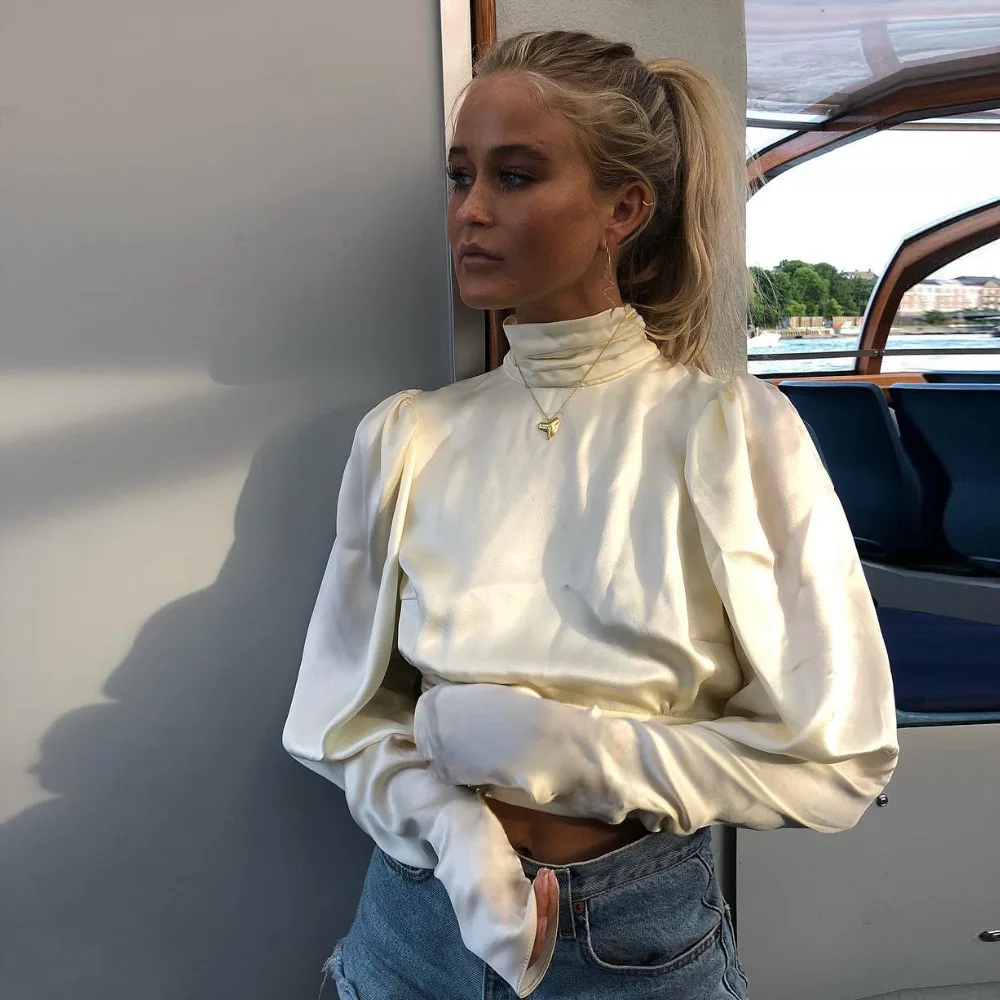 Ceny Eleganckie Satynowe Slik Bluzka Kobiety Koszula Backless Turleneck Kobiety Bluzka Z Długim Rękawem Jesień Kobiet Topy i Bluzki blusa feminina