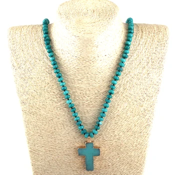 

Fashion Bohemian Tribal Jewelry Abacus Stones Knotted Stone Cross Pendant Necklaces Women Ethnic Necklace