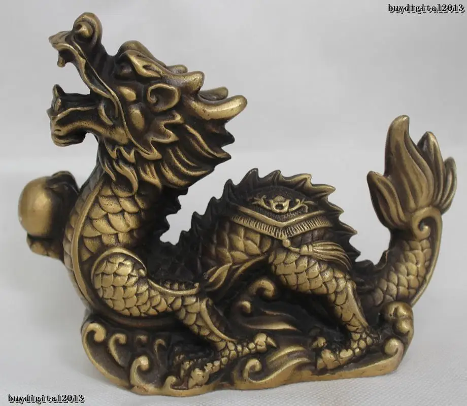 

6" China Chinese Fengshui Purple Bronze Zodiac Year Dragon Bead Wealth Statue Garden Decoration Brass Bronze
