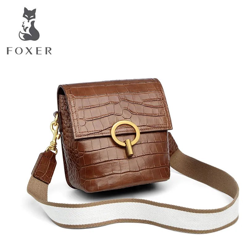 

Cow leather handbag 2019 new tide layer cowhide crocodile pattern slung fashion wide shoulder strap leather bucket bag