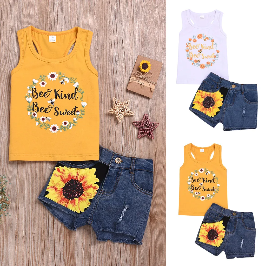

Toddler Kids Baby Girl Sleeveless T-Shirt Top+Floral Denim Shorts Outfits Sets Summer Fashion girls sleeveless Splicing design