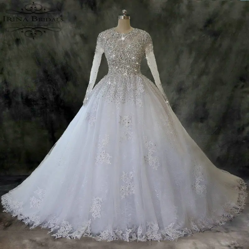 

robe de mariee 2019 Long Sleeves Lace Sparkle See Through Back Luxury Long Train Gothic Wedding Dress
