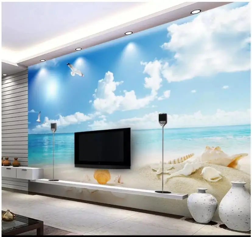 

Custom photo wallpaper 3d wallpaper for walls 3 d Blue sky, white clouds, beach, seascape murals TV background wall papers decor