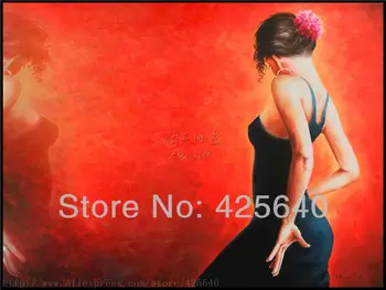 

Spanish Flamenco Dancer painting latina woman Oil painting on canvas hight Quality Hand-painted Painting latina Dark Blue Skirt