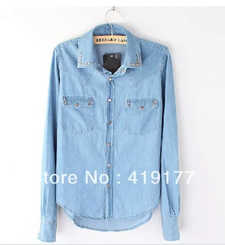 Free Shipping Fashion Woman And the wind of nostalgia washed gradient long sleeved casual blouse denim shirt|blouse bow|shirts with half sleevesshirt