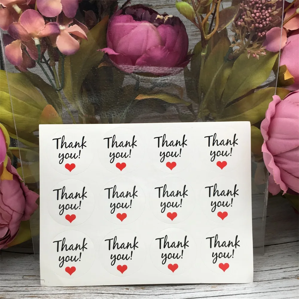 

120Pcs 10Sheets White Thank You Red Heart Handmade Cake Packaging Sealing Label Kraft Sticker Baking DIY Gift Box Round Stickers