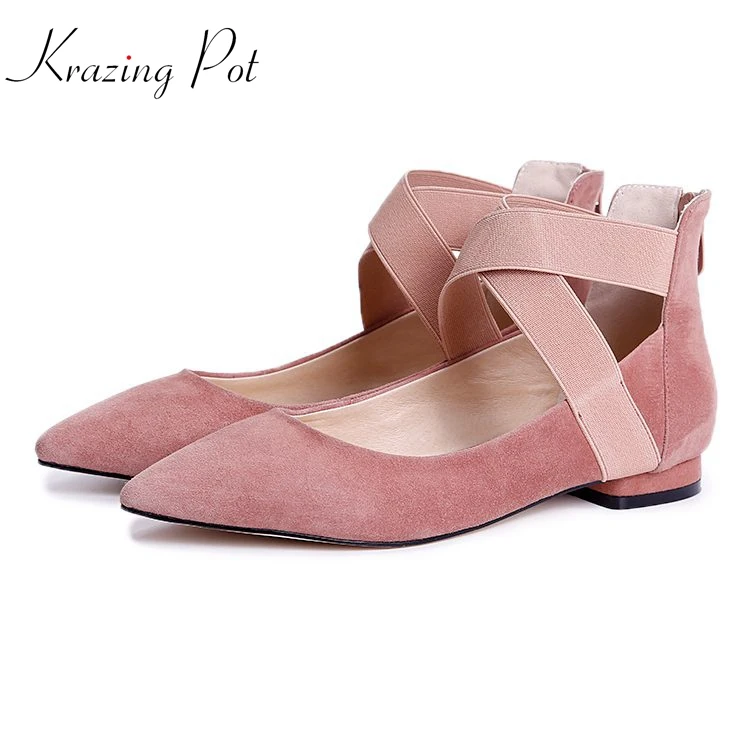 

Krazing pot shepp suede fashion brand shoes shallow pointed toe low heel pink color ankle strap ballet dancer women pumps L36