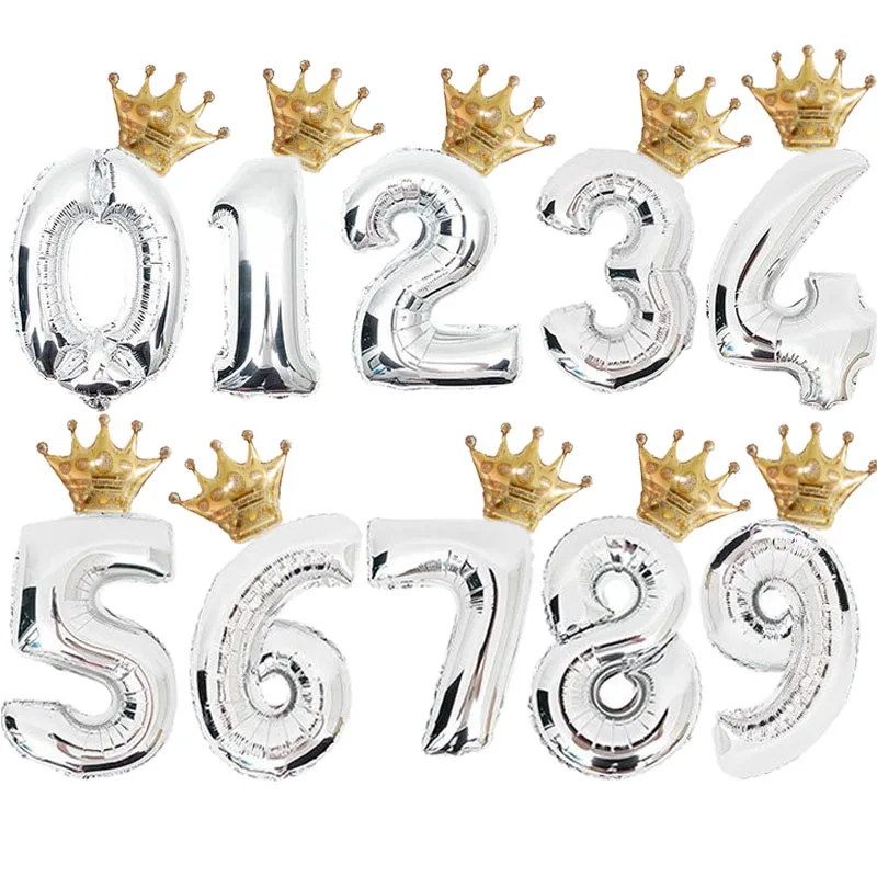 32 дюйма, Золотое серебряное число, фигурные фольгированные шары+ Золотая Корона, фольгированные шары для детей 1, 2, 3, 4 лет, детские украшения для дня рождения для мальчиков и девочек - Цвет: Серебристый