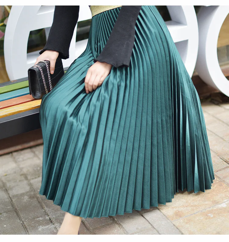 

Qooth 2018 Winter Women Elegant Pleated Skirt Elastic Waist Long Skirts 10 Colors Autumn Ladies High Quality Faldas Skirt Saia