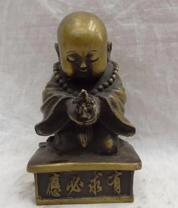 

song voge gem S4224 8" Chinese Bronze Buddhism Pary Bless Small Monk Buddha Bead Statue Sculpture