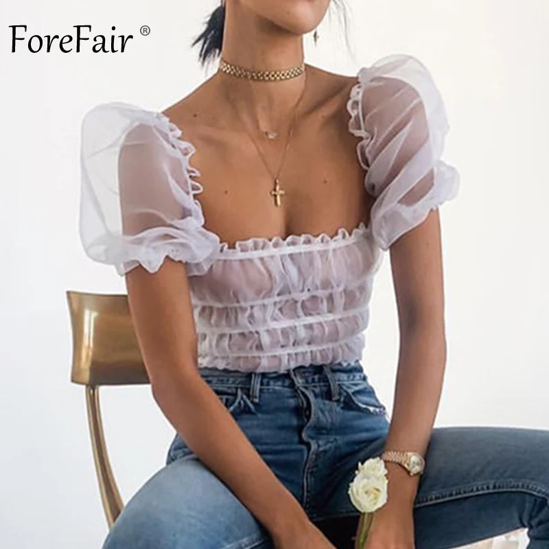 

Forefair Sexy Puff Sleeve Top White Summer Sheer Off Shoulder Top See Through Elegant Short Sleeve Ruffle Tunic Blouse Women