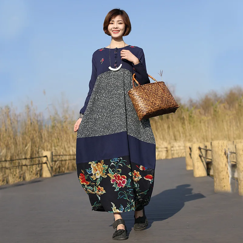

New In the spring Cotton and linen dress The restoring ancient ways loose robes Round neck long sleeve tide