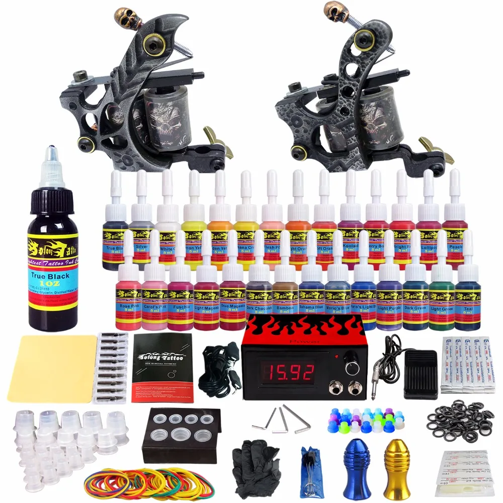 

Solong Tattoo complete professional 2 tattoo Machine Guns set Tattoo Kit 28 Inks Power Supply Needle Grips power supply TKB02