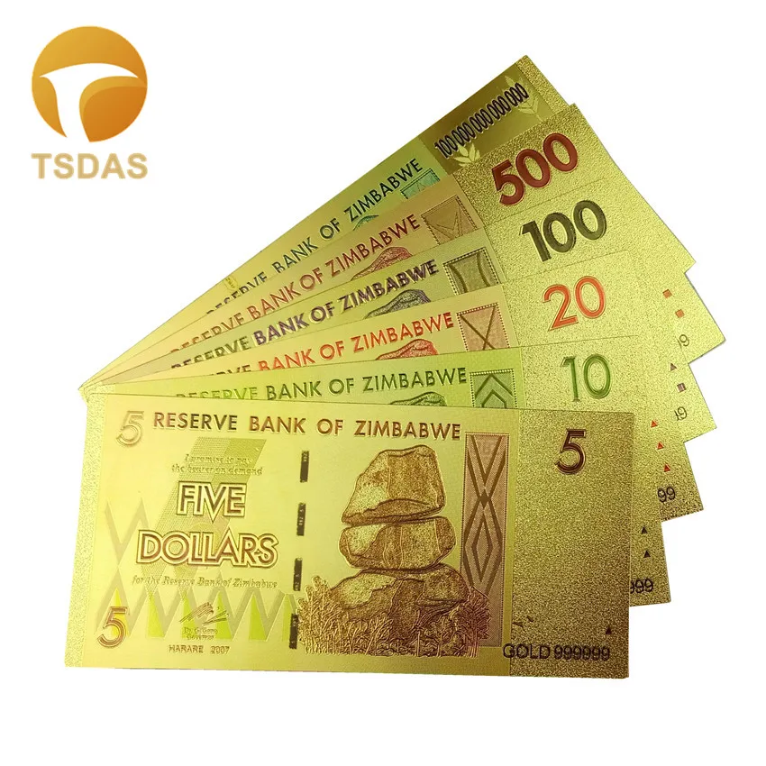 

Full Set(6pcs) Zimbabwe Dollar Bills 24k 999.9 Gold Plated Fake Money For Home Decor 24k Gold Banknote Drop Shipping