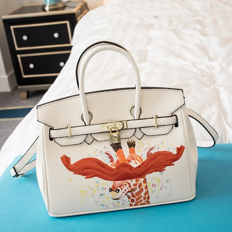 

Painting Handbag Women Famous Brands 30CM Gold Hardware designer High quality Real Leather shoulder tote bag with scarf