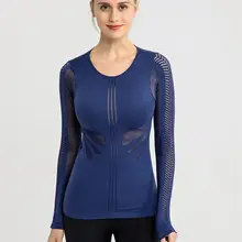 Дышащие отверстие спортивные рубашки Топ Для женщин Slim Fit сетка Йога Фитнес Топ с длинным рукавом высокая гибкая Solid тренажерный зал гладкая трикотажная спортивная майка